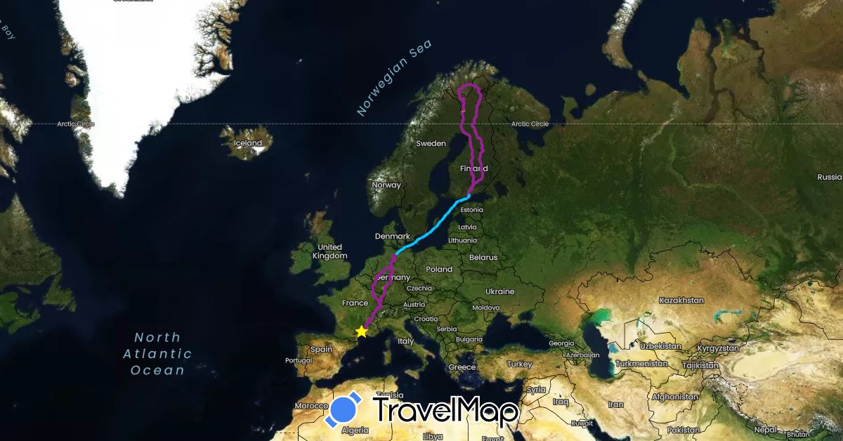 TravelMap itinerary: driving, hiking, camping-car, motoneige, marche, auto, ferryboat, raquettes in Switzerland, Germany, Finland, France, Norway (Europe)